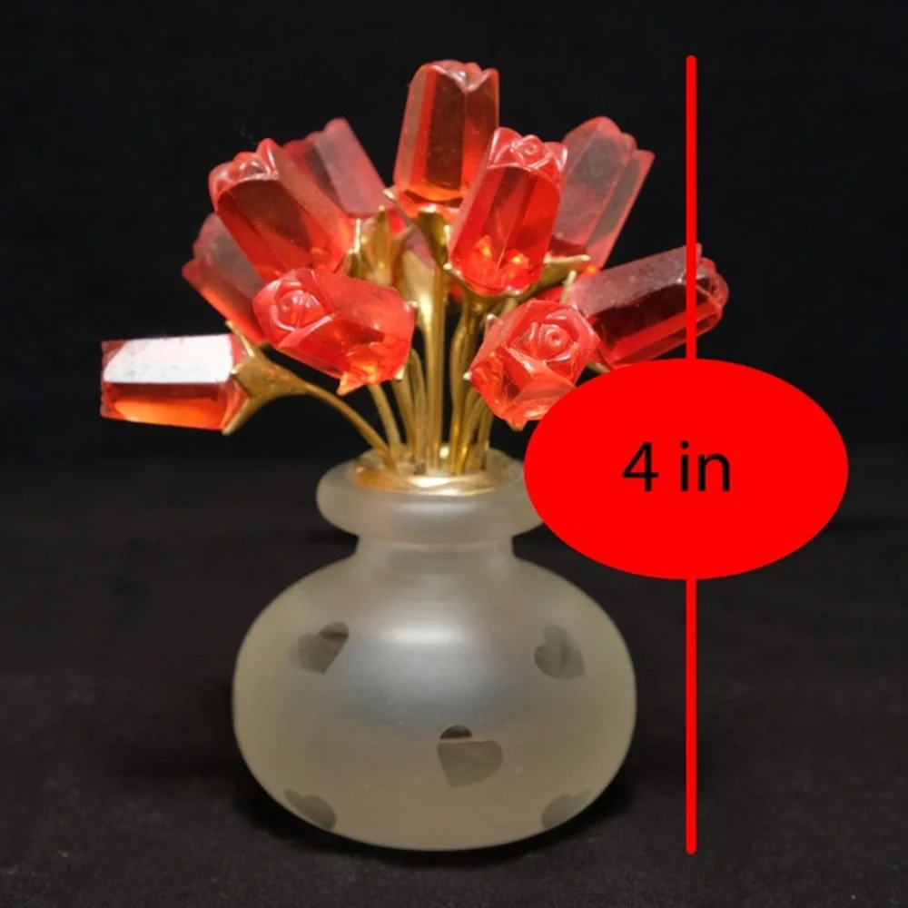 Frosted Art Crystal Glass Vase and Lucite Rose Brass Stem Bouquet Paperweight - Picture 4 of 5